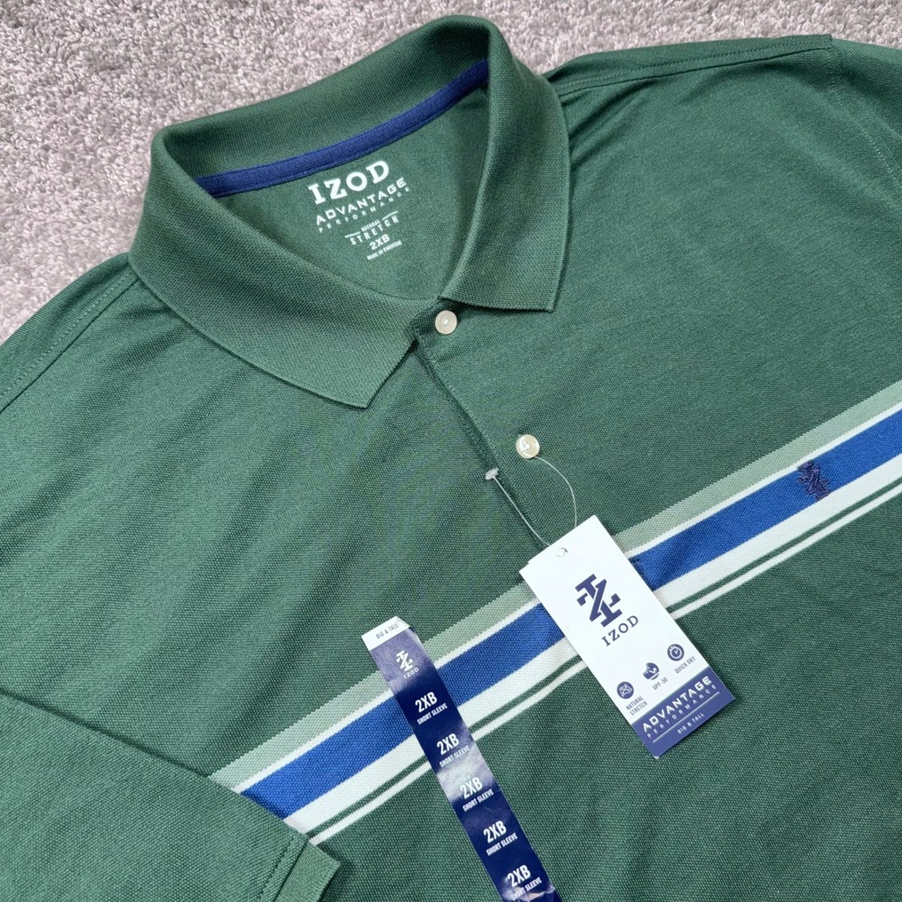 IZOD Advantage Performance Polo Men Striped Trekking Green 2XB NEW